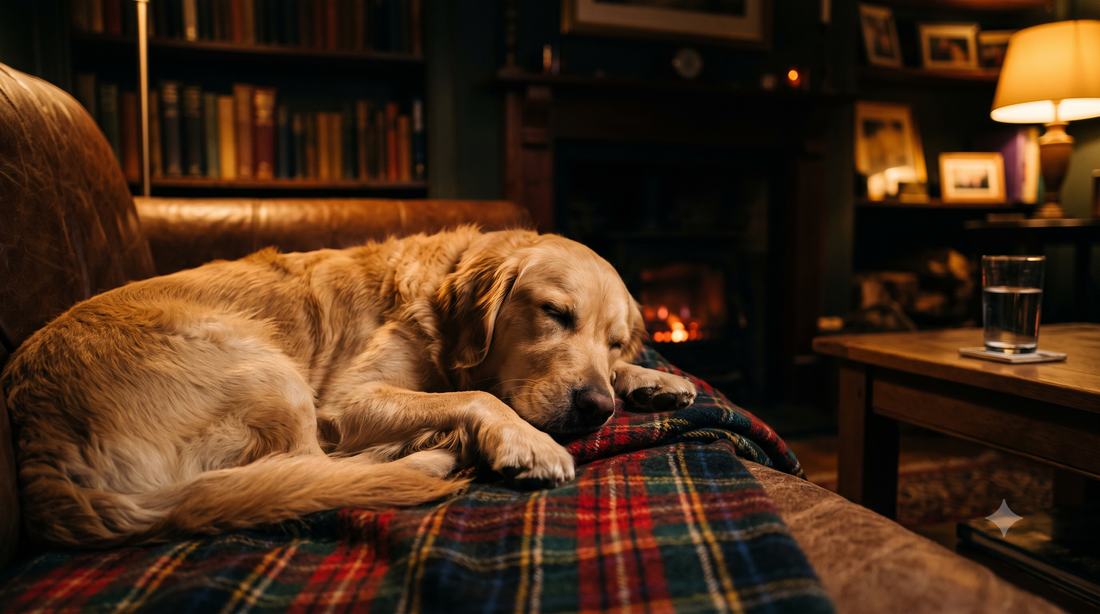 Best melatonin for dogs - calm golden retriever resting in a warm living room at dusk, Pure Majesty Pets
