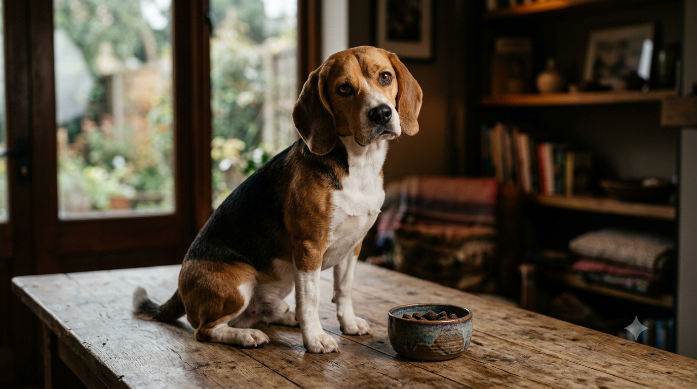 Melatonin dosage for dogs chart - attentive beagle beside a small ceramic bowl on a wooden table, Pure Majesty Pets