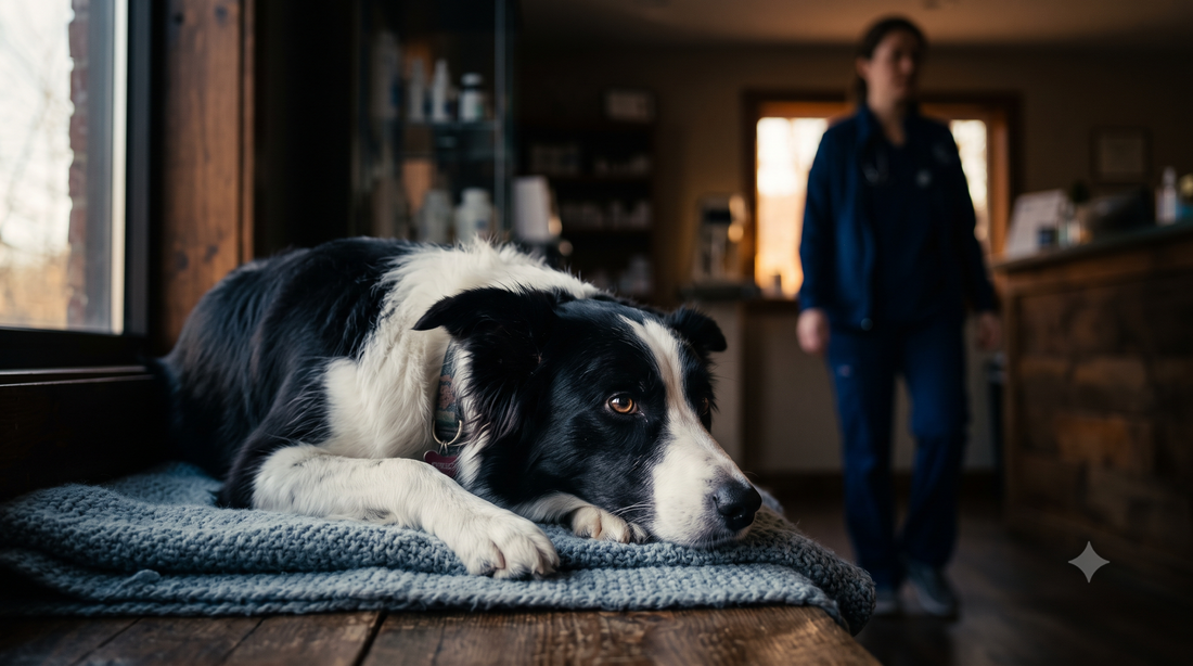 Melatonin for dogs side effects - border collie resting calmly with a veterinarian in the background, Pure Majesty Pets