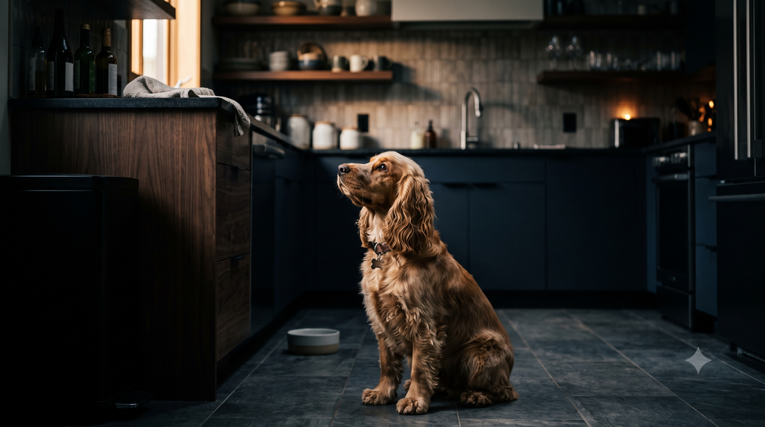 Can dogs overdose on melatonin - vigilant cocker spaniel watching a kitchen counter kept out of reach, Pure Majesty Pets