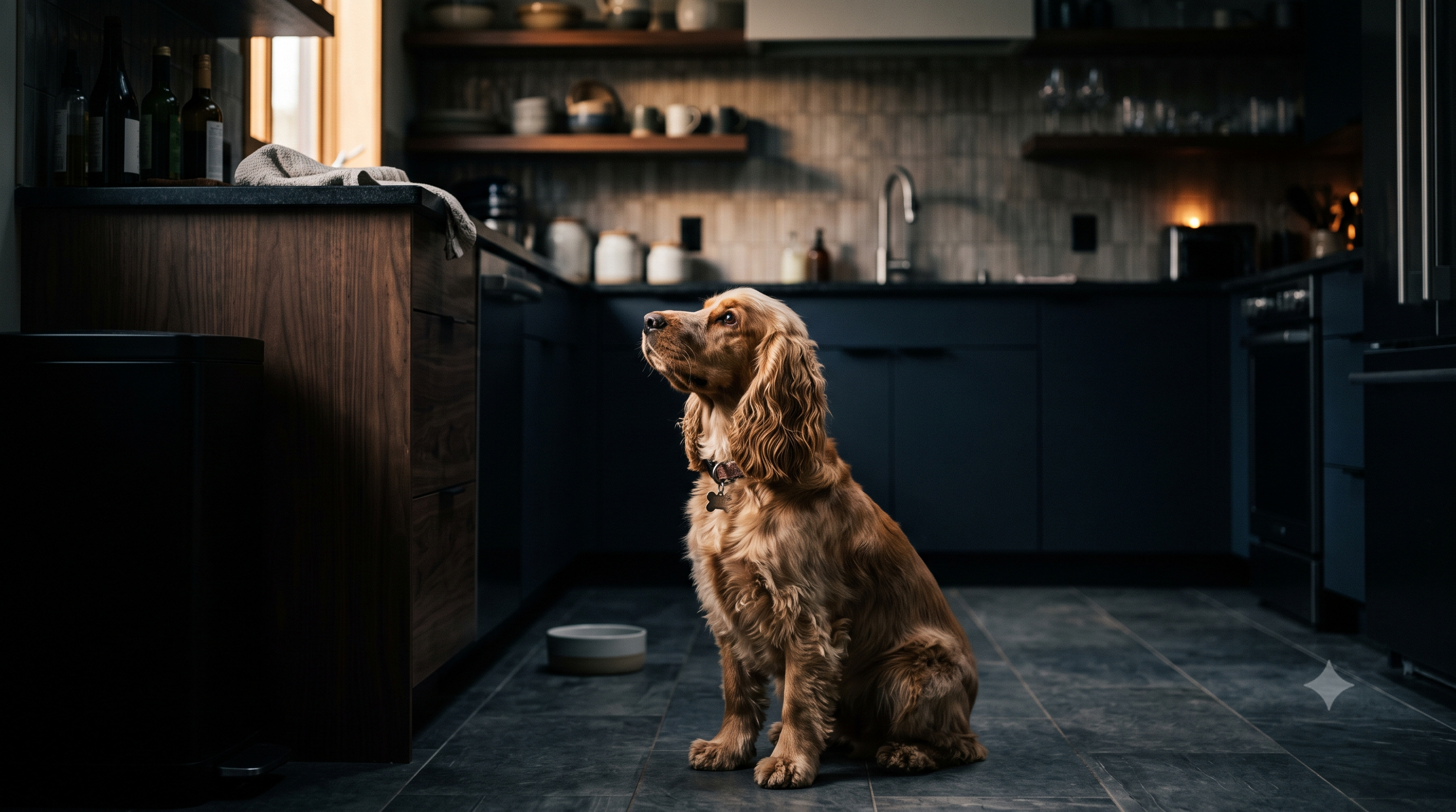 Can dogs overdose on melatonin - vigilant cocker spaniel watching a kitchen counter kept out of reach, Pure Majesty Pets