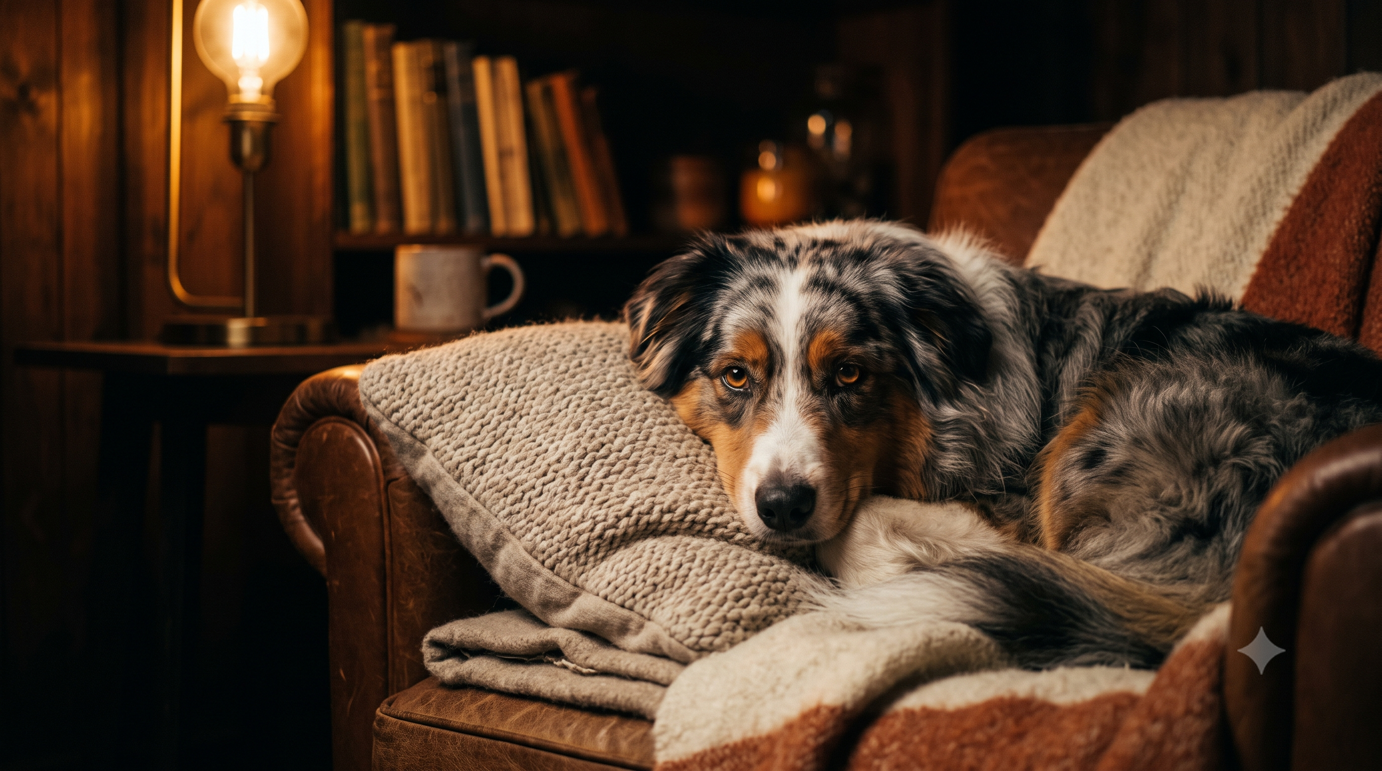 Melatonin for dog anxiety - relaxed australian shepherd nestled against a soft cushion, Pure Majesty Pets