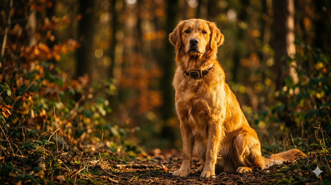 Majestic healthy Golden Retriever with a lustrous golden coat in cinematic light — complete evidence-based guide to collagen for dogs