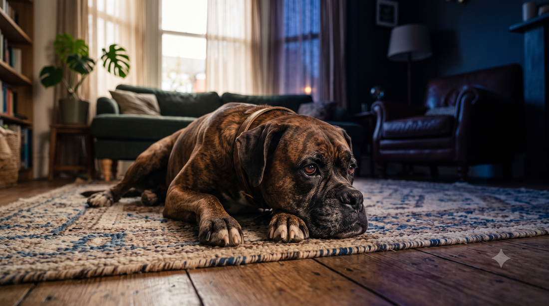 Benadryl vs melatonin for dogs - a thoughtful Boxer resting on a living room rug between daylight and nighttime, Pure Majesty Pets