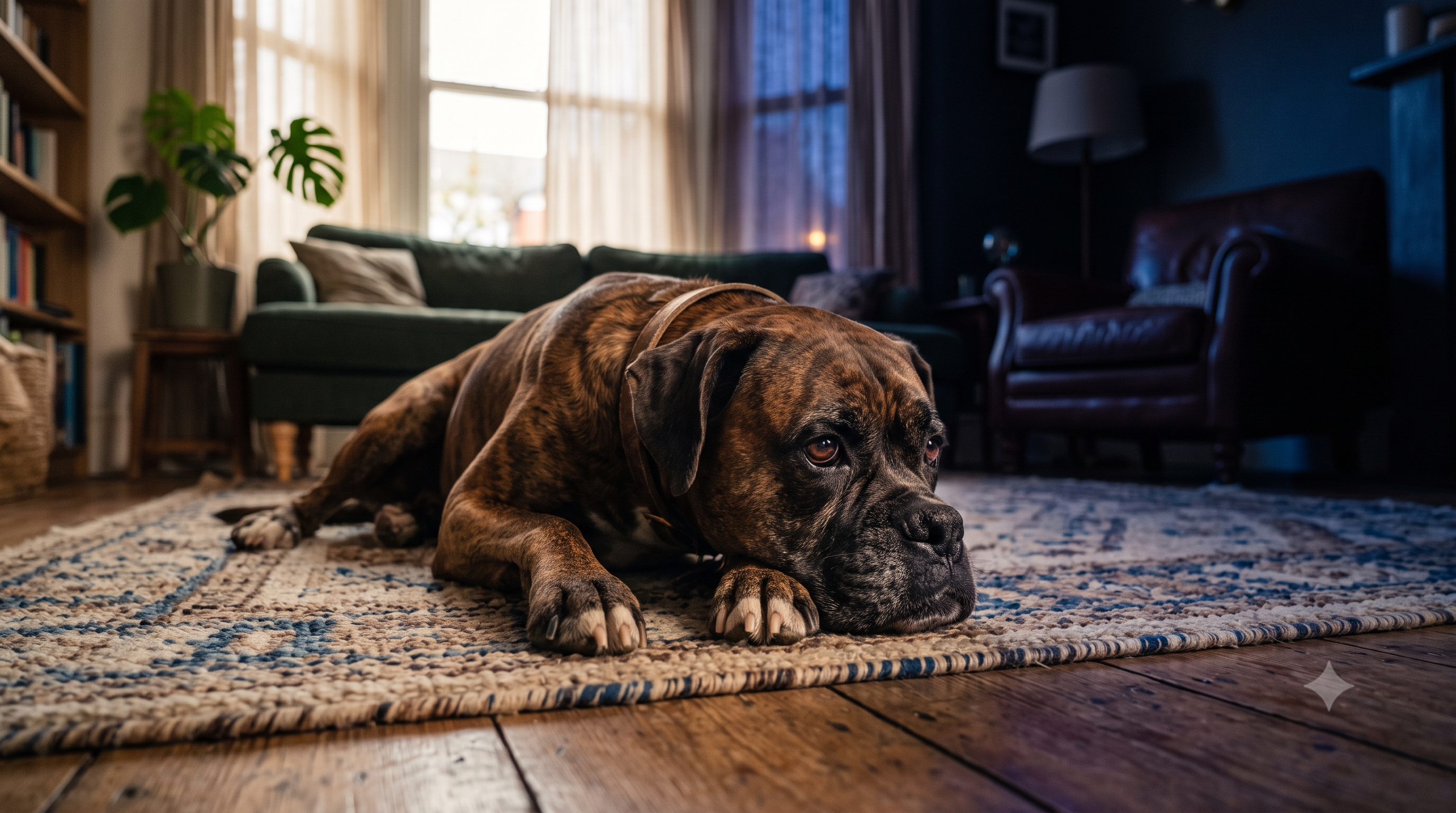 Benadryl vs melatonin for dogs - a thoughtful Boxer resting on a living room rug between daylight and nighttime, Pure Majesty Pets