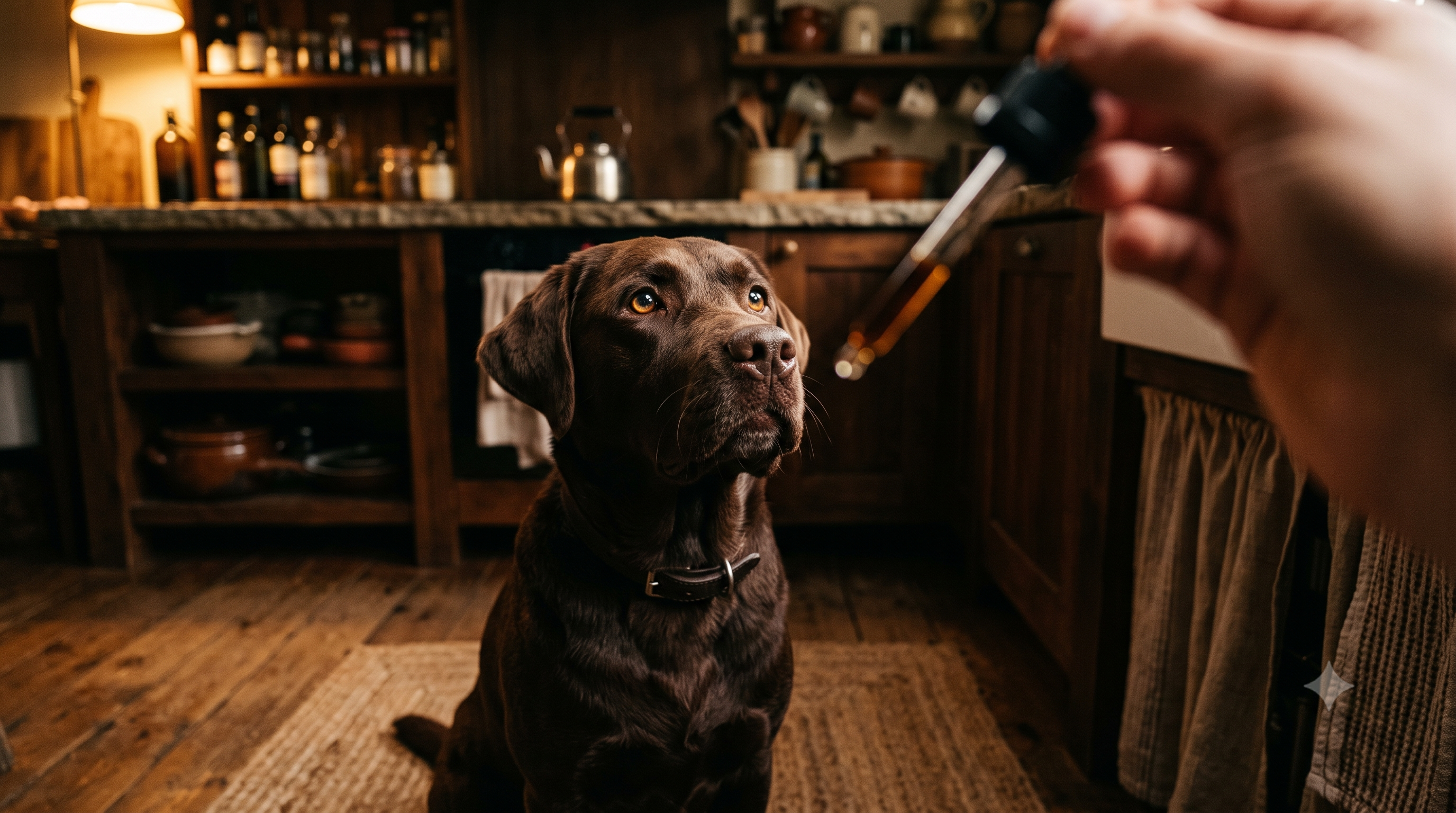 Liquid melatonin for dogs - a chocolate Labrador looking up at a dropper of amber liquid melatonin in a warm kitchen, Pure Majesty Pets