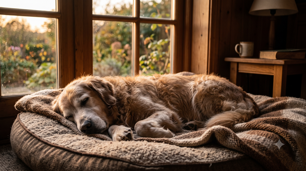 Melatonin for senior dogs - a grey-muzzled senior Golden Retriever sleeping peacefully by a window in soft golden light, Pure Majesty Pets