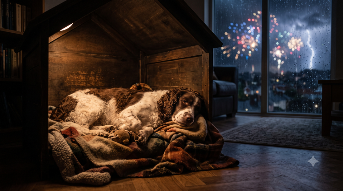Melatonin for dogs during fireworks and thunderstorms - a Springer Spaniel resting safely in a cozy indoor den while fireworks glow outside, Pure Majesty Pets