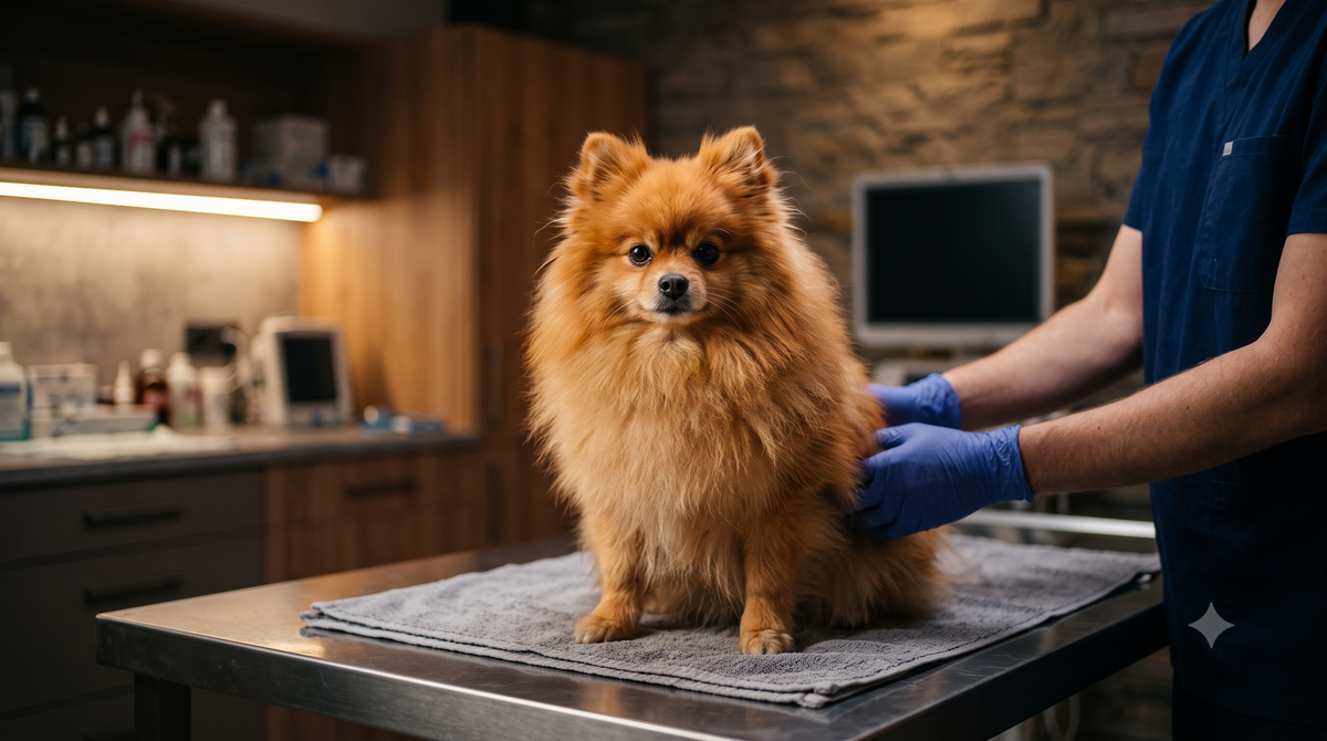 Melatonin for dogs with Cushing's disease and Alopecia X - a well-groomed Pomeranian calmly examined at a modern vet clinic, Pure Majesty Pets