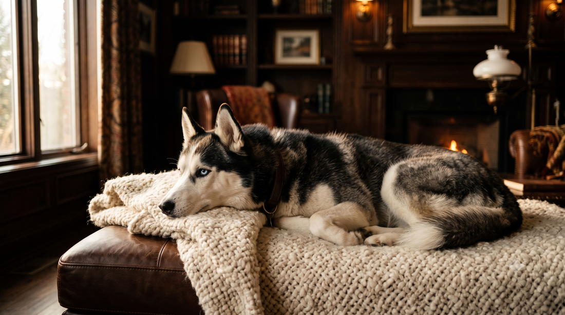Why Pure Majesty Pets is the best melatonin for dogs - a serene blue-eyed Siberian Husky relaxing on a wool blanket in premium natural light