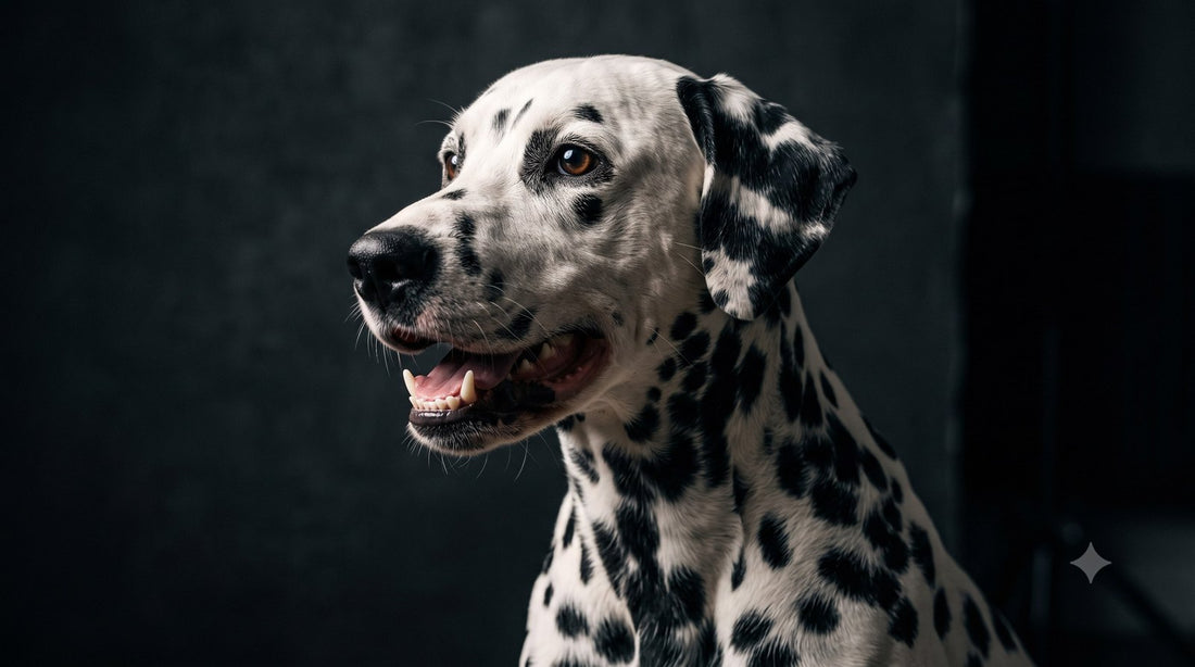 Dalmatian with an open mouth showing its teeth, illustrating a guide to the best tartar remover for dogs