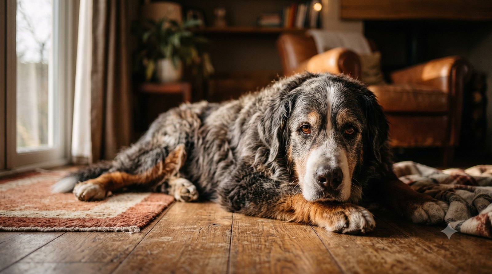 Senior Bernese Mountain Dog resting calmly at home, illustrating probiotics for senior dogs and aging gut health
