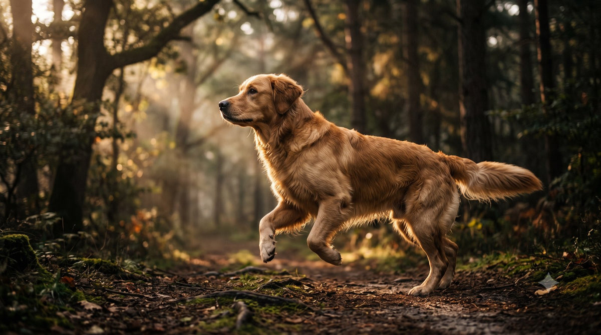Boswellia for dogs — adult golden retriever moving freely on a forest trail, illustrating joint comfort and mobility