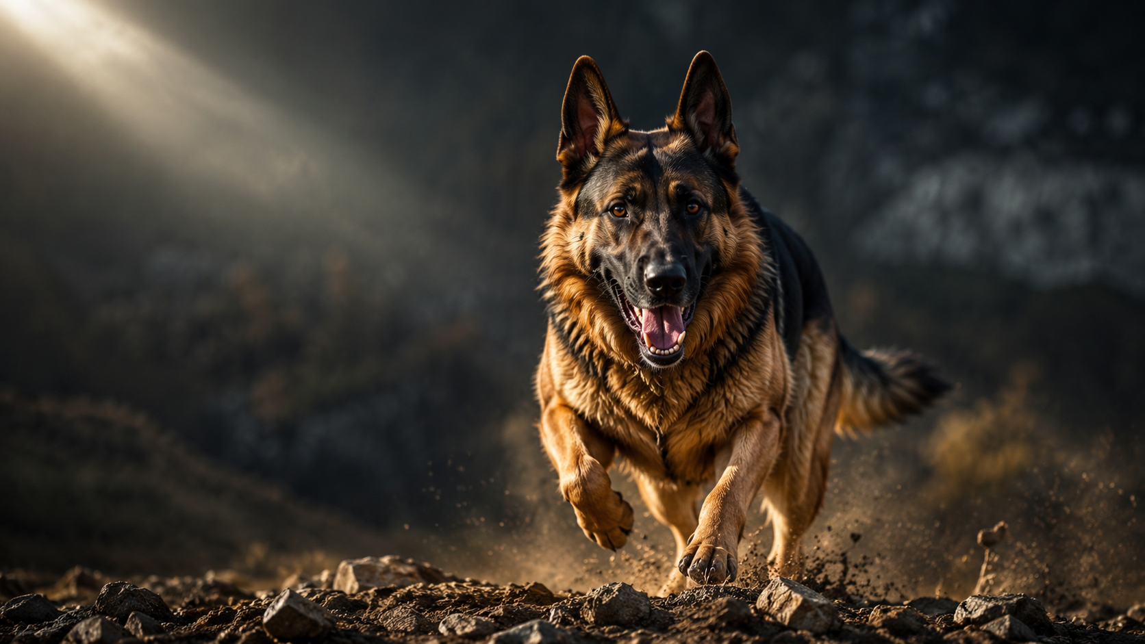Powerful German Shepherd running with strong healthy hips and joints in dramatic light — complete guide to dog joint and hip health