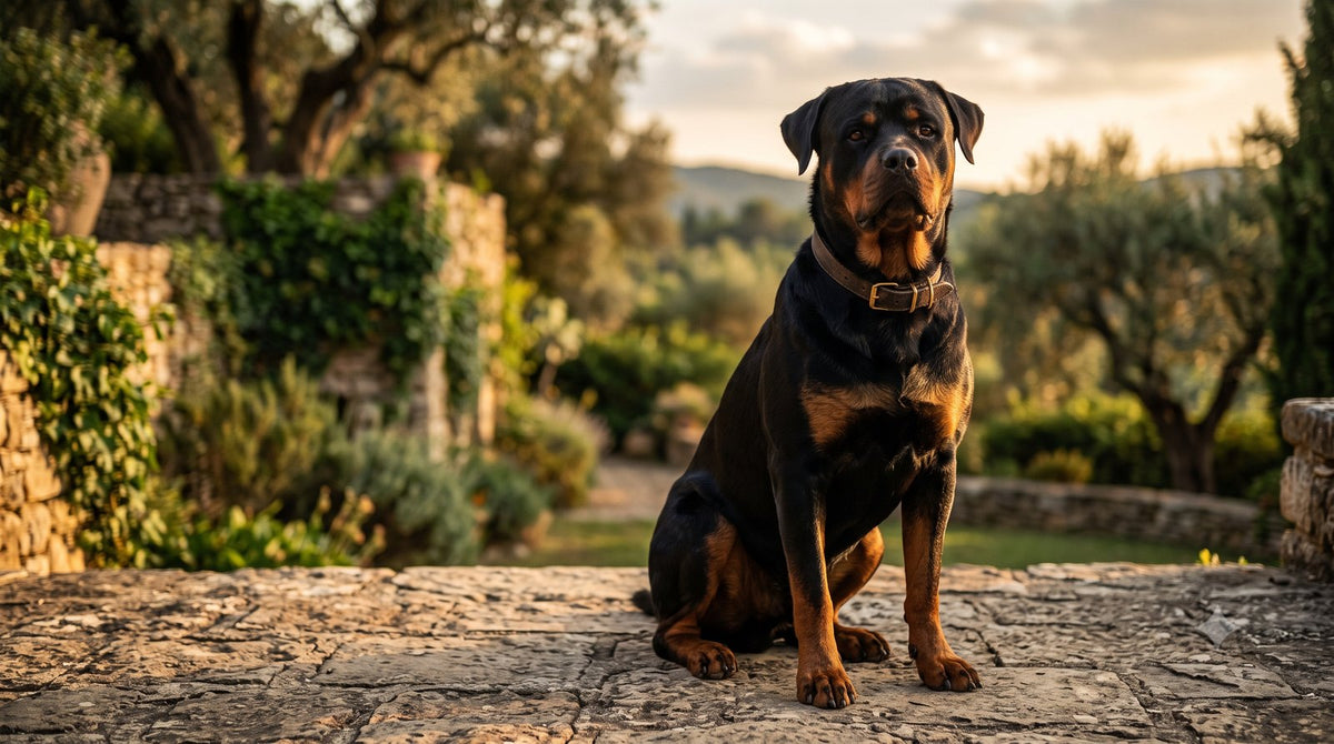 Adult Rottweiler sitting upright outdoors, illustrating joint supplements for Rottweilers and hip health