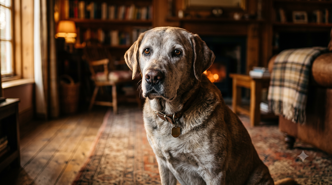 Dog age chart: senior Labrador retriever with a graying muzzle sitting in a cozy living room