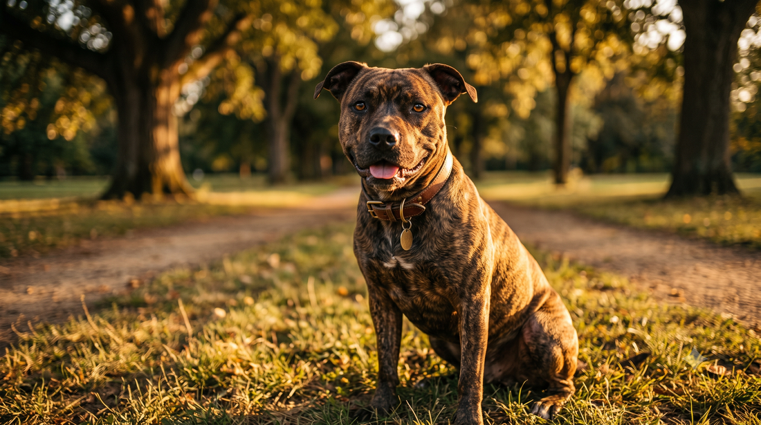 Pibble dog: smiling brindle American Pit Bull Terrier sitting in a park at sunset
