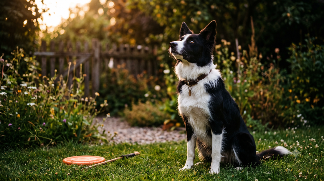 Dog training: focused black and white Border Collie sitting attentively during a training session