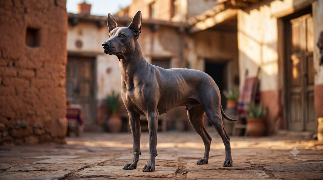 Mexican dog breed: elegant Xoloitzcuintli standing in a terracotta Mexican courtyard