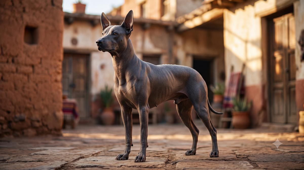 Mexican dog breed: elegant Xoloitzcuintli standing in a terracotta Mexican courtyard