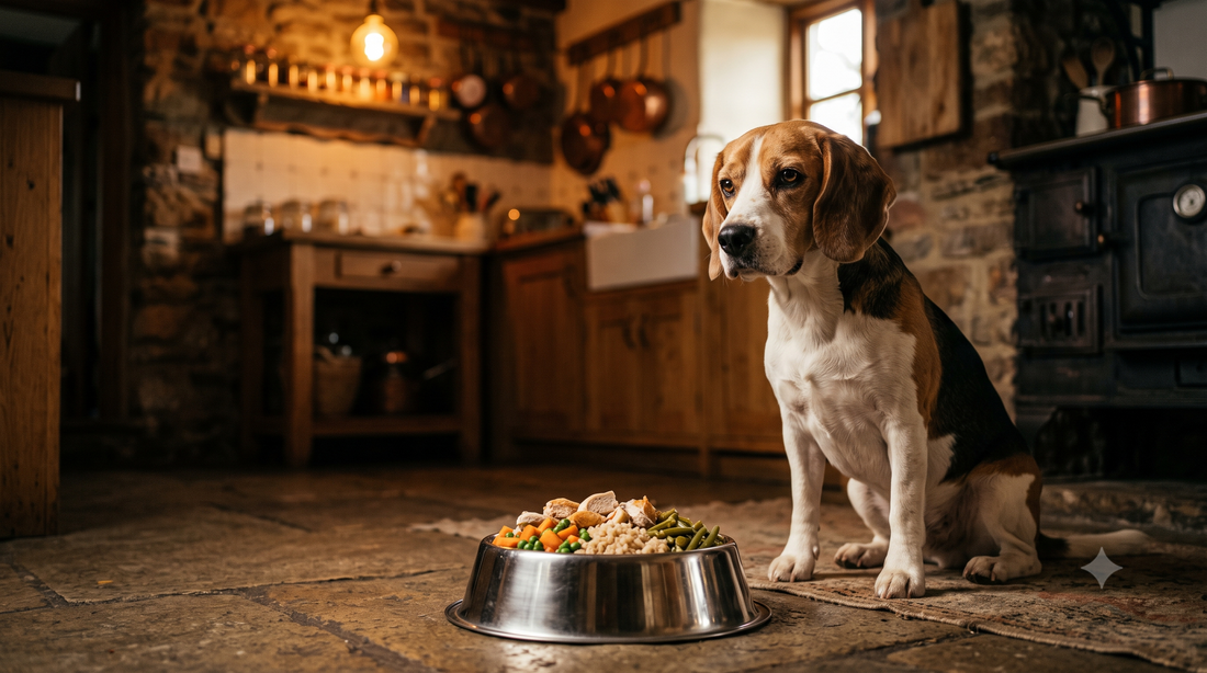 Homemade dog food recipes: attentive Beagle in a rustic kitchen beside a bowl of fresh home-cooked food