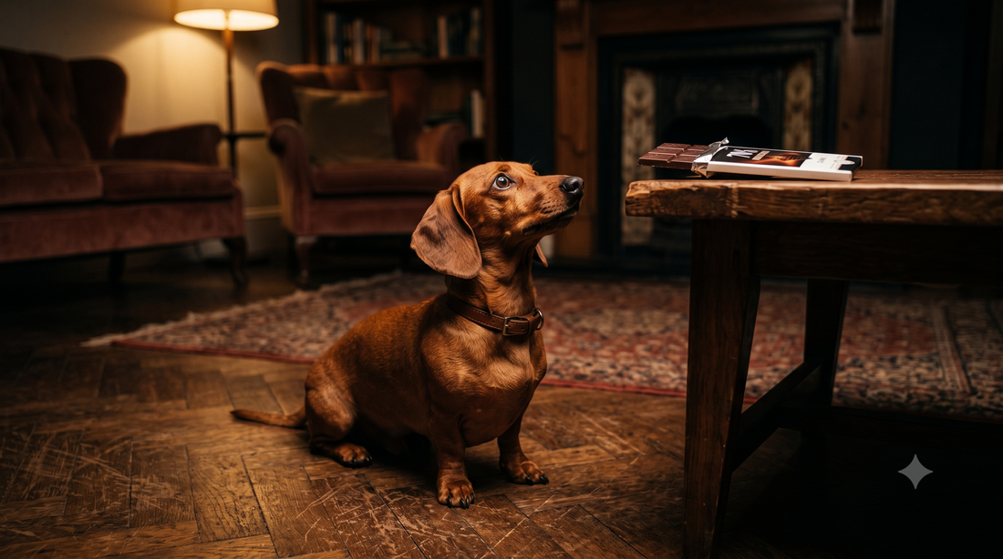 How much chocolate can kill a dog: worried Dachshund looking up at a dark chocolate bar on a table edge