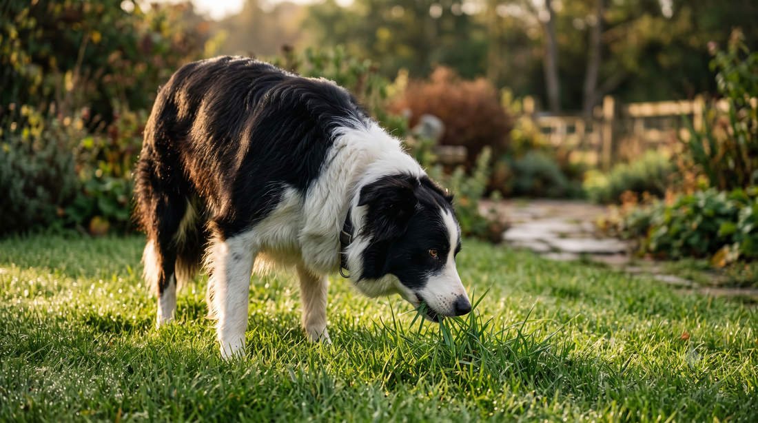 Healthy adult Border Collie nibbling blades of green grass in a garden at sunrise — why does my dog eat grass