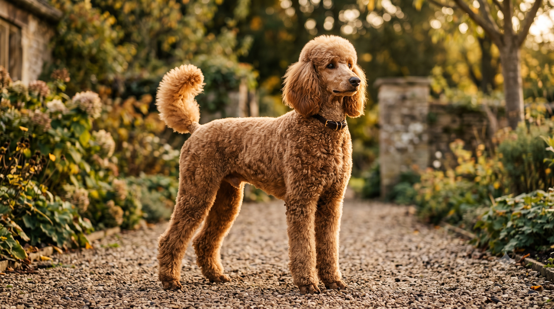 Well-groomed adult apricot Standard Poodle standing outdoors in warm light — poodle dog breed guide