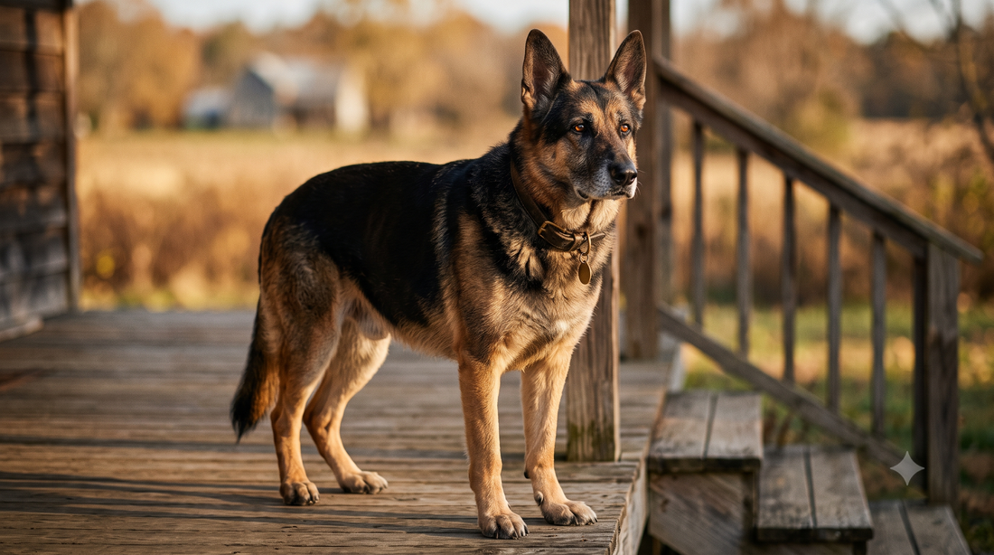 Senior German Shepherd with a greying muzzle standing steadily on a porch, showing joint mobility — Adequan for dogs