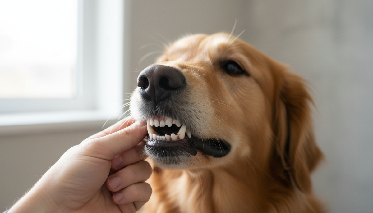 Hand hebt vorsichtig die Lefze eines Hundes und zeigt saubere Zähne und gesundes Zahnfleisch