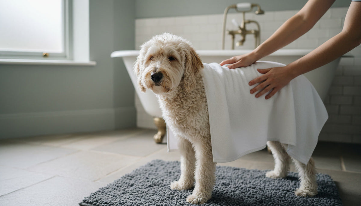 Owner towel-drying a Labradoodle after a medicated bath - what can I give my dog for a yeast infection UK
