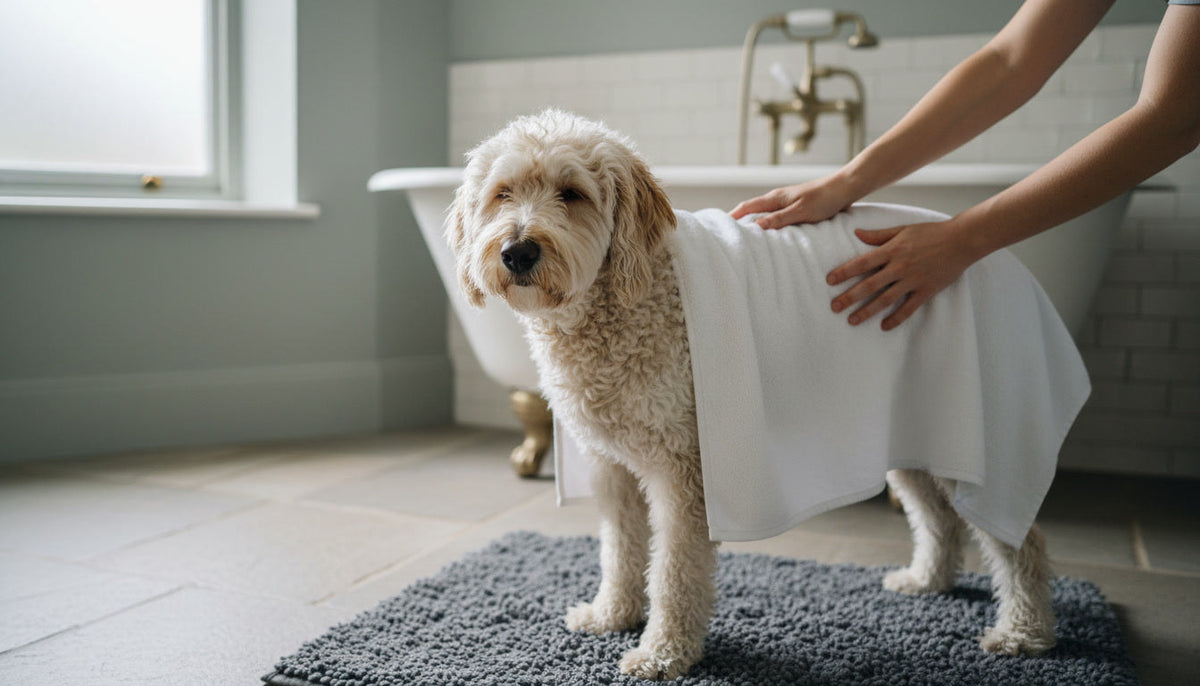 How to treat a dog yeast infection UK: owner towel-drying a Labradoodle down to the skin after a medicated antifungal bath