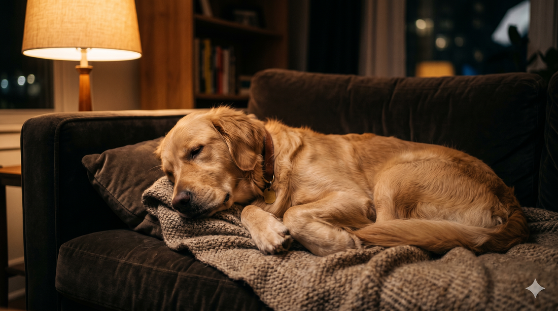 Peaceful dog sleeping soundly on a couch in warm dim light — melatonin for dogs dosage, safety and natural sleep support