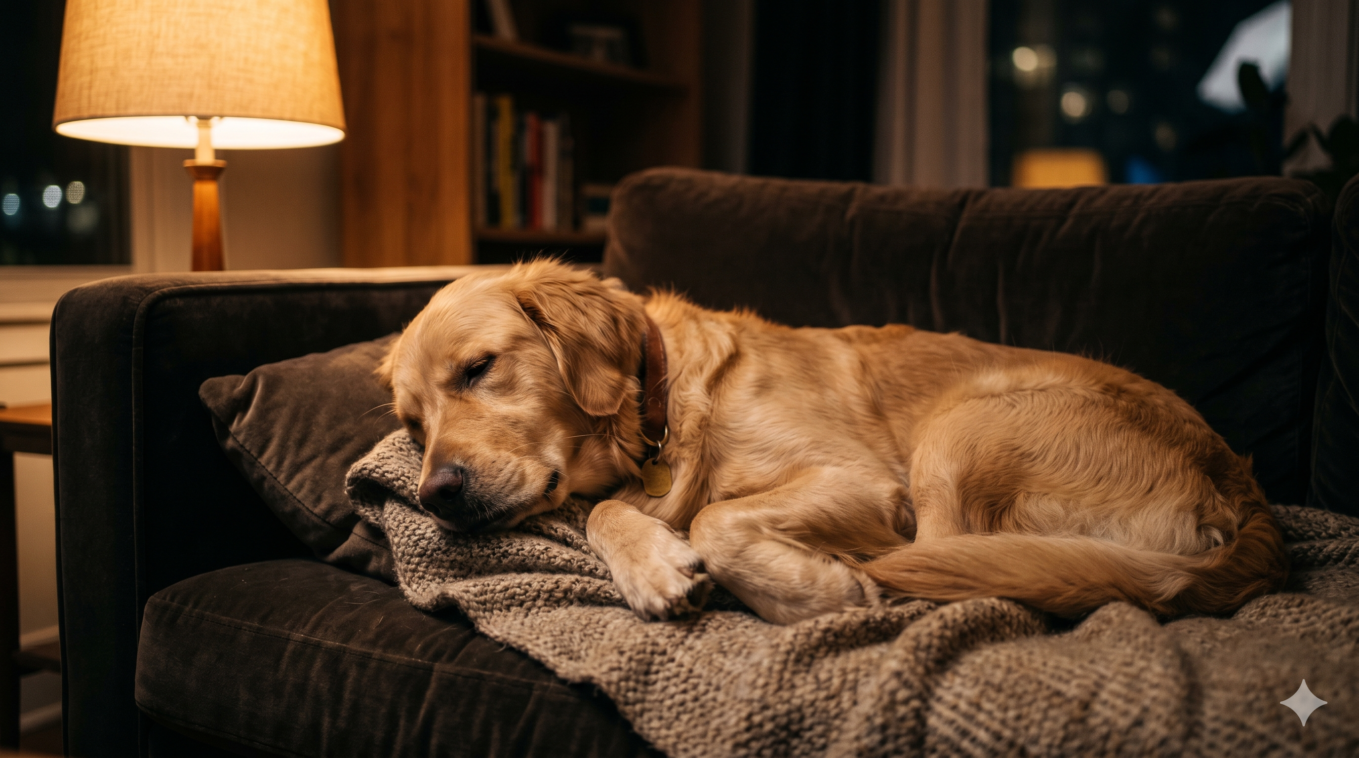 Peaceful dog sleeping soundly on a couch in warm dim light — melatonin for dogs dosage, safety and natural sleep support