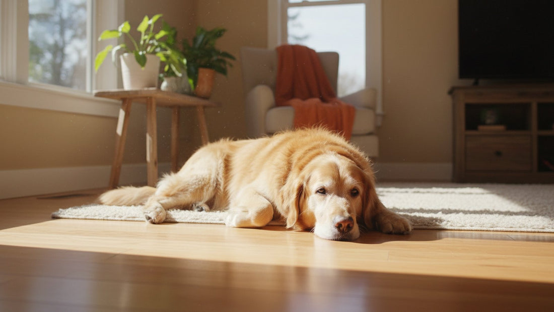 Senior golden retriever resting on a wooden floor, illustrating early arthritis symptoms in dogs