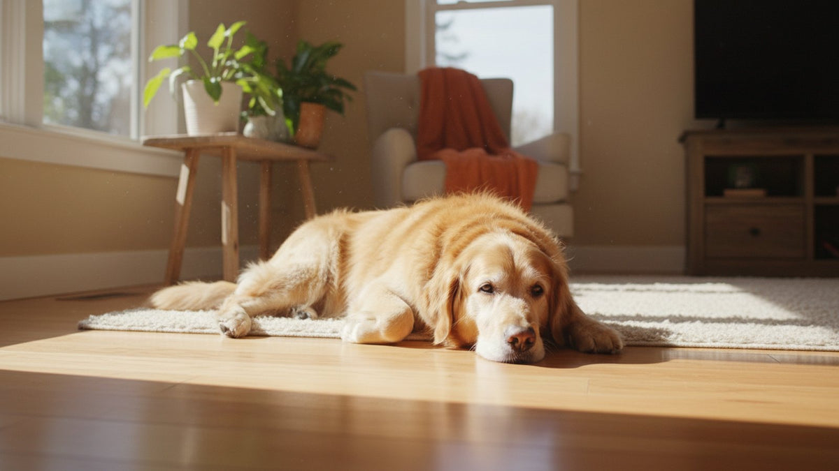 Senior golden retriever resting on a wooden floor, illustrating early arthritis symptoms in dogs