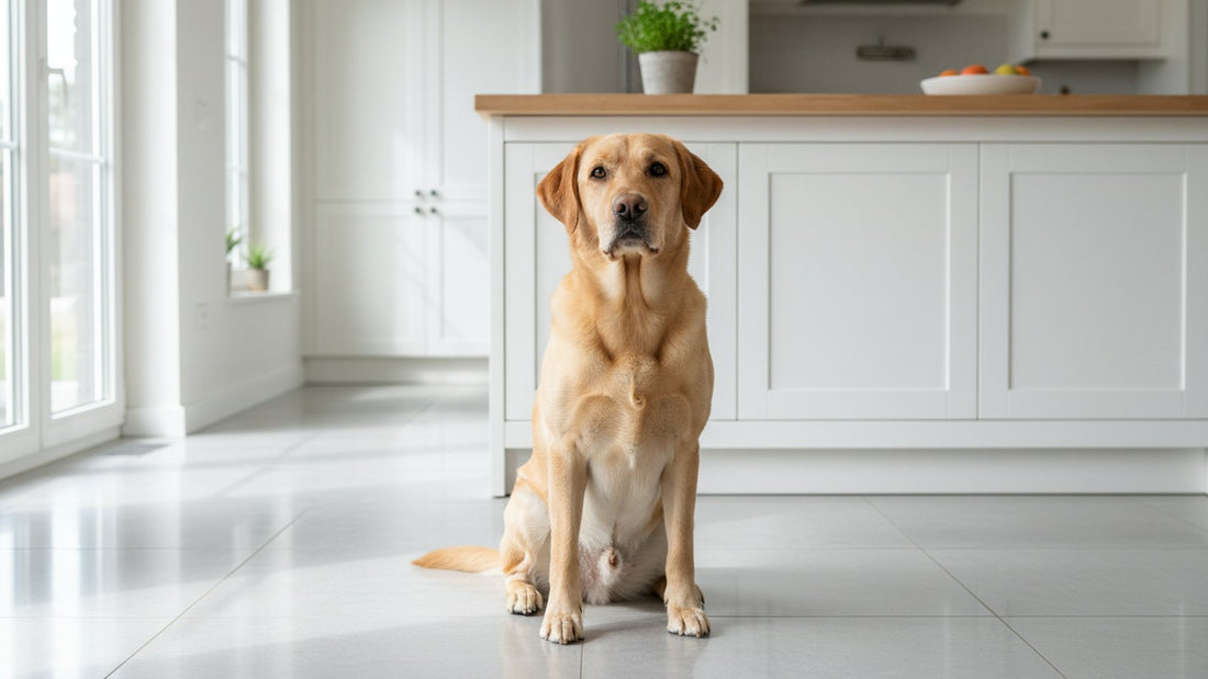 Healthy labrador retriever sitting on a kitchen floor, illustrating what to do when a dog ate toothpaste