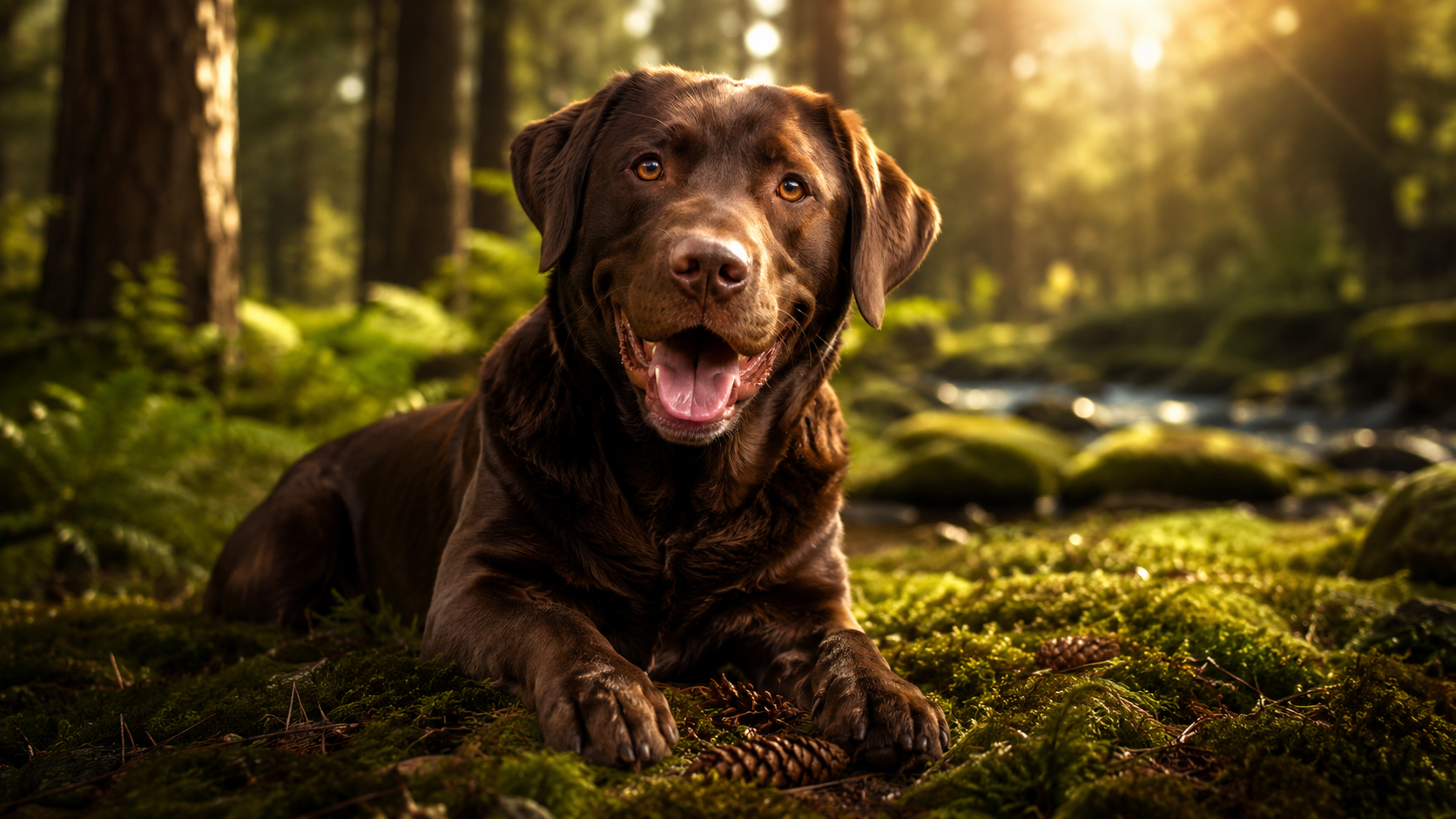 Happy healthy chocolate Labrador resting in a sunlit mossy forest — best probiotics for dogs guide to gut health and digestion