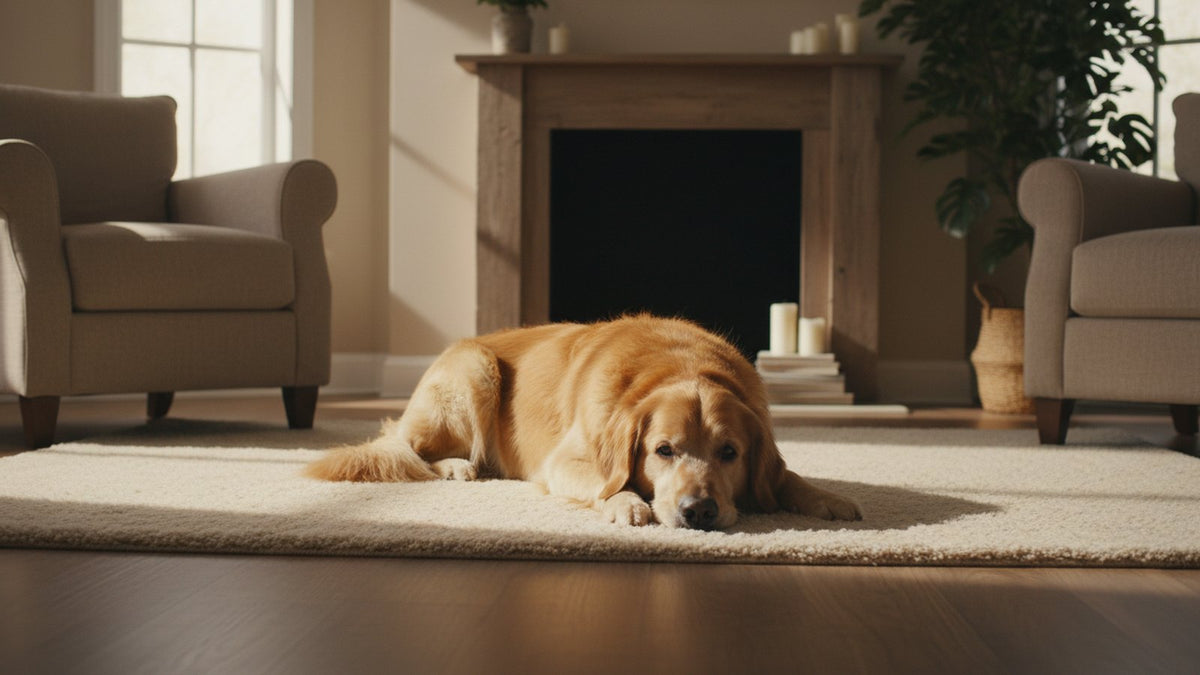 Calm golden retriever resting in the evening, illustrating melatonin drops for dogs and sleep support