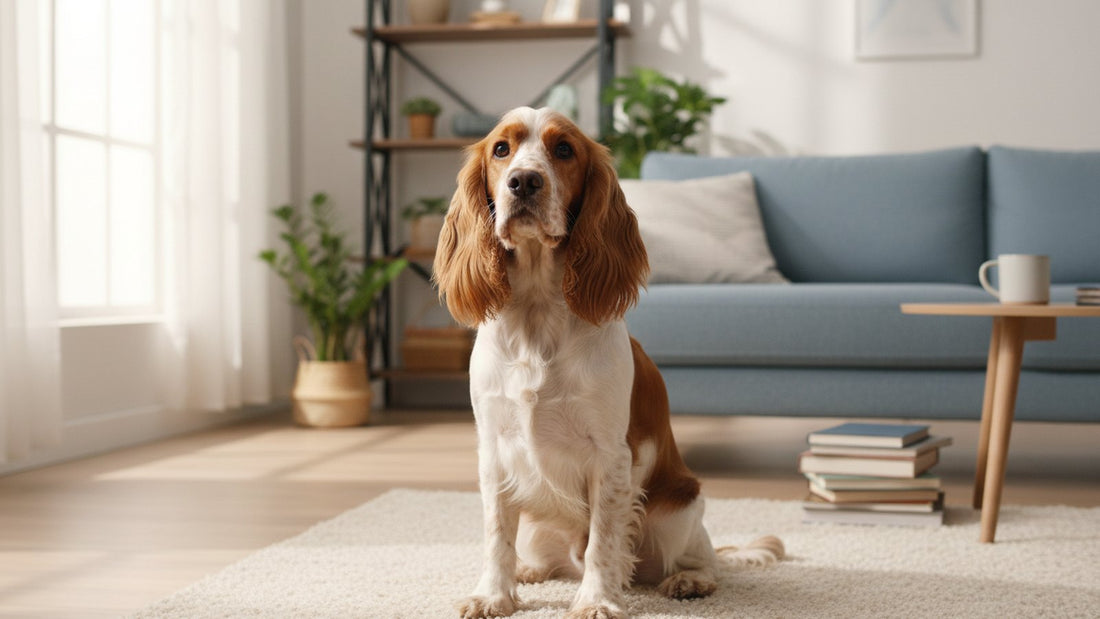 Cocker spaniel with long floppy ears indoors, illustrating how to choose a dog ear cleaning solution