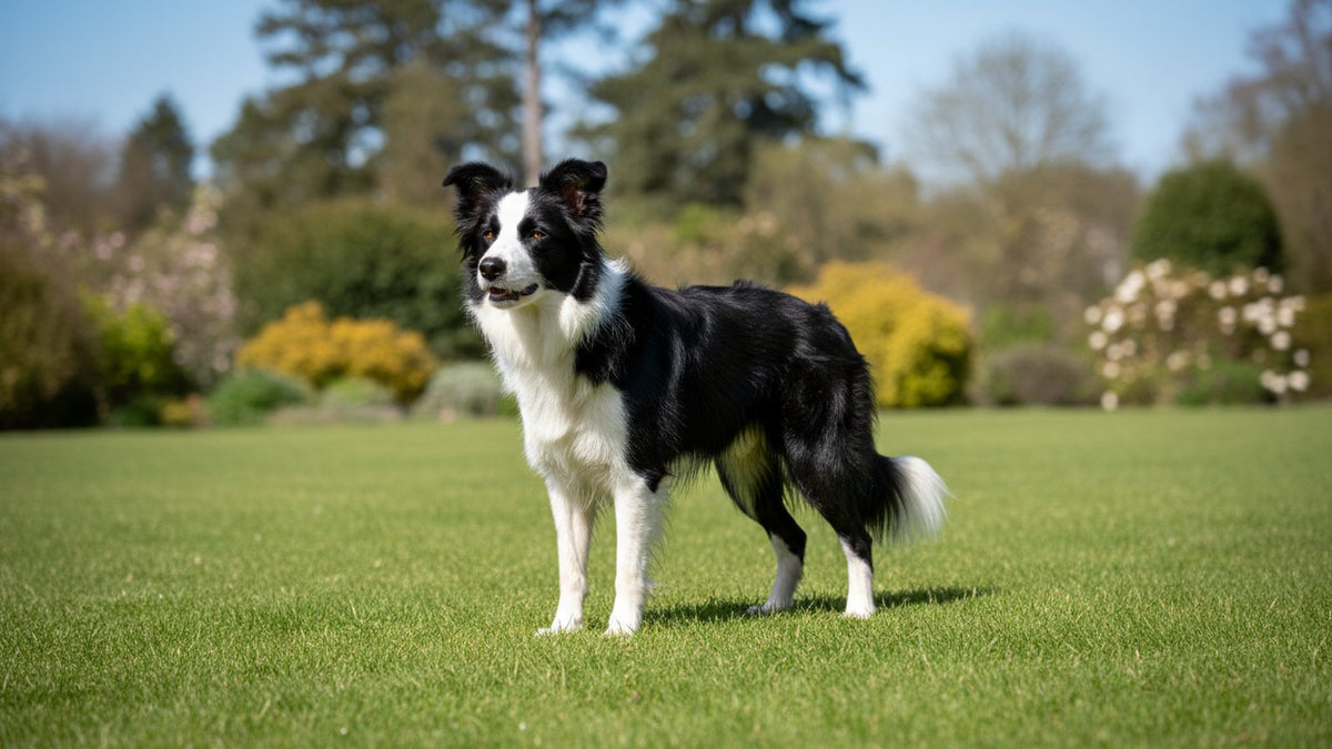 Adult border collie standing on grass, illustrating the causes of dog limping and when to see a vet