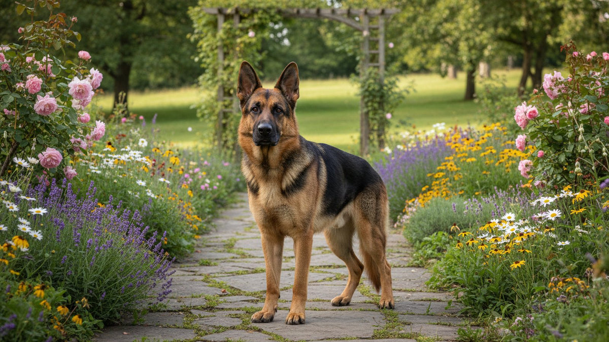 Adult german shepherd standing outdoors, illustrating a torn ACL in dogs, surgery odds and recovery