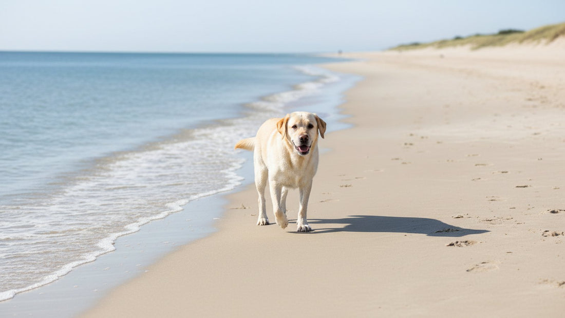 Healthy labrador walking on a beach, illustrating green-lipped mussel for dogs and joint support