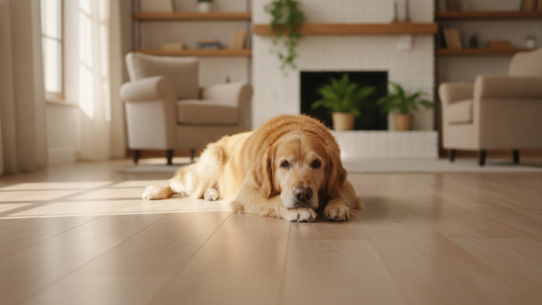Senior golden retriever resting on a wooden floor, illustrating Dasuquin for dogs side effects