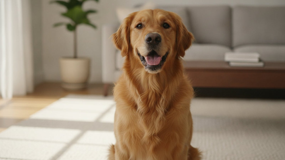 Golden retriever adulto sano sentado tranquilo en una sala luminosa, ilustracion de una resena de la pasta dental para perros Petsmile
