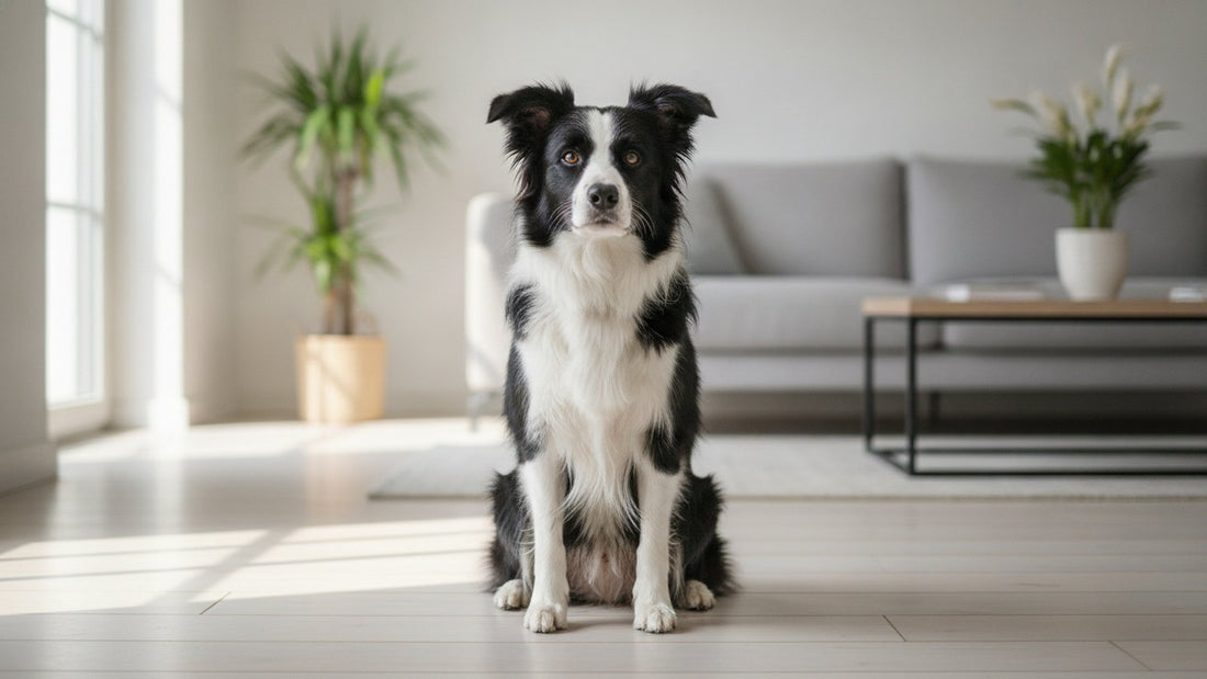 Border collie adulte en bonne santé assis calmement dans un salon lumineux, illustrant un guide sur le dentifrice pour chien recommandé par les vétérinaires