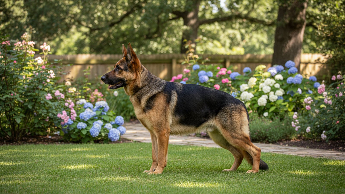 Healthy adult German Shepherd standing outdoors, a breed commonly hip scored for hip dysplasia in dogs in Australia