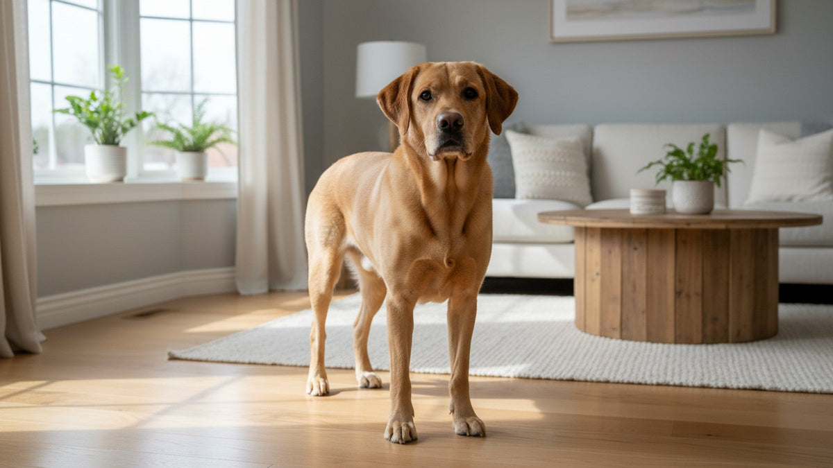 Gesunder erwachsener Labrador steht ruhig im Wohnzimmer, Illustration zu Carprofen beim Hund, Dosierung und Nebenwirkungen