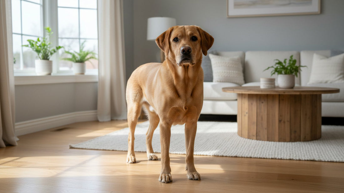 Labrador adulte en bonne sante debout dans un salon, illustrant un guide sur le carprofene chez le chien, posologie et effets secondaires