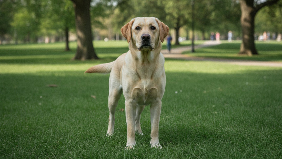 Labrador joven sano de pie en el pasto, ilustrando la osteocondritis disecante en perros y el cuidado de las articulaciones